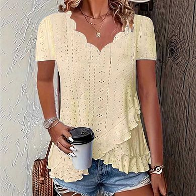 Women's Solid Eyelet Blouse with Scalloped Trim, V-Neck Short Sleeve Ruffled T-Shirt