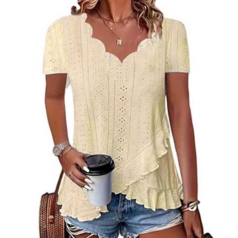 Women's Solid Eyelet Blouse with Scalloped Trim, V-Neck Short Sleeve Ruffled T-Shirt