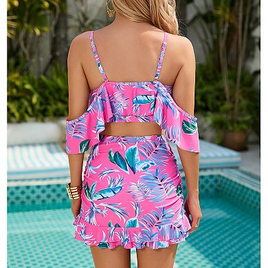 Women's Print Two Piece Swimsuit Summer Casual Off Shoulder Ruffle Skirt Bathing Suit Bikini Set