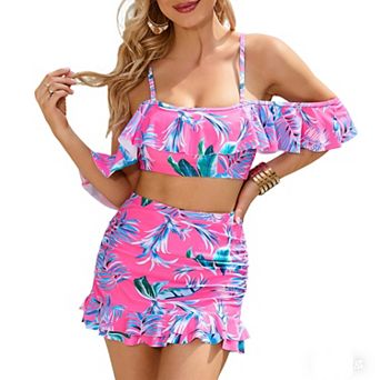 Women's Print Two Piece Swimsuit Summer Casual Off Shoulder Ruffle Skirt Bathing Suit Bikini Set