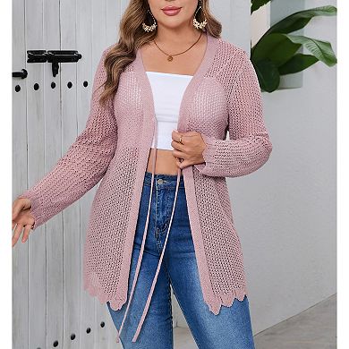 Women's Plus Size Long Cardigan Lightweight Long Sleeve Tie Front Crochet Hollow Out Sweater