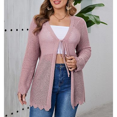 Women's Plus Size Long Cardigan Lightweight Long Sleeve Tie Front Crochet Hollow Out Sweater