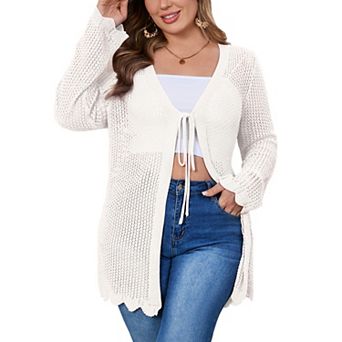 Women's Plus Size Long Cardigan Lightweight Long Sleeve Tie Front Crochet Hollow Out Sweater