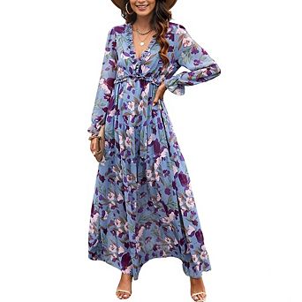 Women's Floral Maxi Dress Long Sleeve V-Neck Ruffled Tiered Flowy Dress