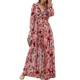 Women's Floral Maxi Dress Long Sleeve V-Neck Ruffled Tiered Flowy Dress