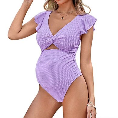 Women's V Neck Ruffled Maternity Swimsuit Twist Front Cutout Open Back Tie Bikini