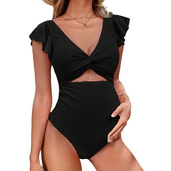 Women's V Neck Ruffled Maternity Swimsuit Twist Front Cutout Open Back Tie Bikini
