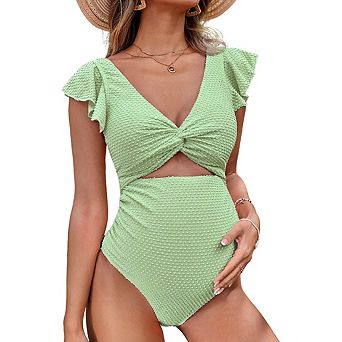 Women's V Neck Ruffled Maternity Swimsuit Twist Front Cutout Open Back Tie Bikini