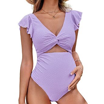 Women's V Neck Ruffled Maternity Swimsuit Twist Front Cutout Open Back Tie Bikini