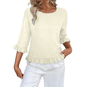 Women's Round Neck Blouse Casual 3/4 Ruffle Sleeve Loose Fit Casual T-Shirt