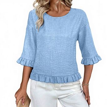 Women's Round Neck Blouse Casual 3/4 Ruffle Sleeve Loose Fit Casual T-Shirt
