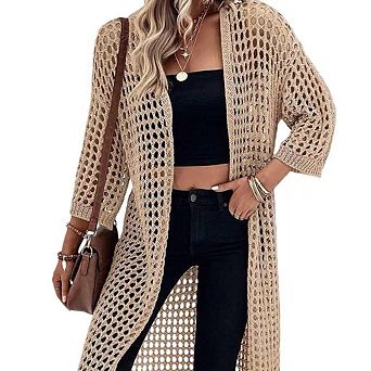 Women's 3/4 Sleeve Long Cardigan Open Front Hollow Out Crochet Sweater Knit Kimono Cover Up