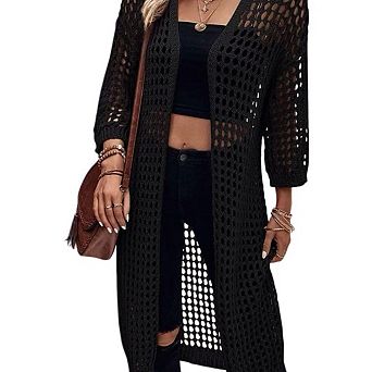 Women's 3/4 Sleeve Long Cardigan Open Front Hollow Out Crochet Sweater Knit Kimono Cover Up
