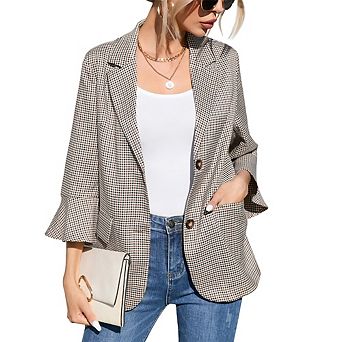 Women's Flutter Sleeve Blazer 3/4 Length Ruffle Sleeve Jacket with Pockets