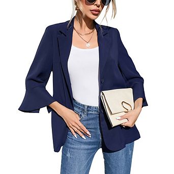 Women's Flutter Sleeve Blazer 3/4 Length Ruffle Sleeve Jacket with Pockets