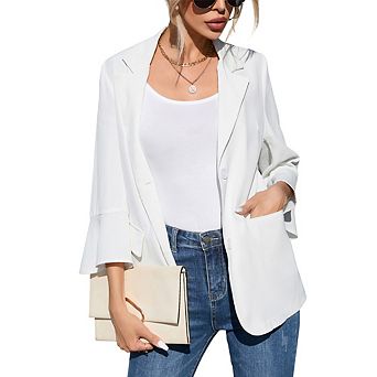 Women's Flutter Sleeve Blazer 3/4 Length Ruffle Sleeve Jacket with Pockets