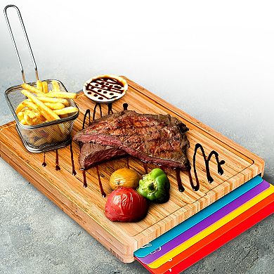 Cheer Collection Natural Wood Cutting Board with Six Color Coded Mats and Built In Storage Slot