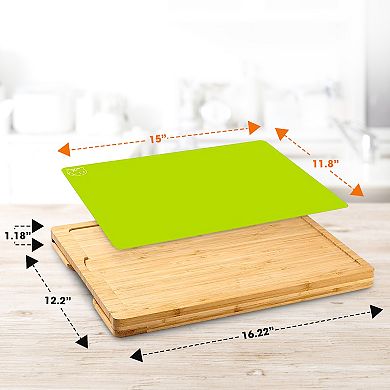 Cheer Collection Natural Wood Cutting Board with Six Color Coded Mats and Built In Storage Slot