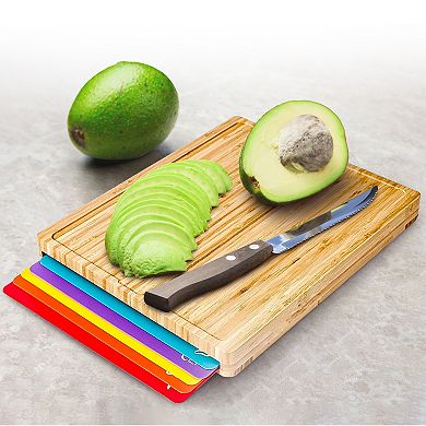 Cheer Collection Natural Wood Cutting Board with Six Color Coded Mats and Built In Storage Slot