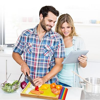 Cheer Collection Natural Wood Cutting Board with Six Color Coded Mats and Built In Storage Slot