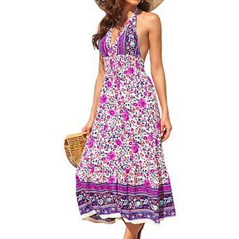 Women's Halter Neck Maxi Dress Backless Floral Print Summer Beach Vacation Dress