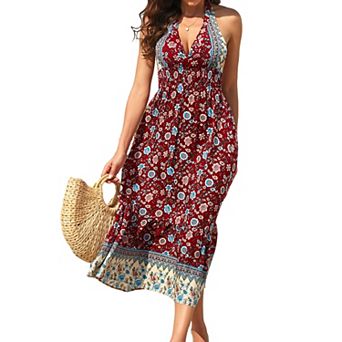 Women's Halter Neck Maxi Dress Backless Floral Print Summer Beach Vacation Dress