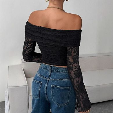Women's Off-the-Shoulder Lace Long Sleeve Crop Top Ruched Sheer Blouse