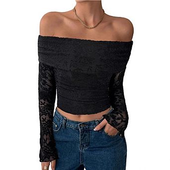 Women's Off-the-Shoulder Lace Long Sleeve Crop Top Ruched Sheer Blouse