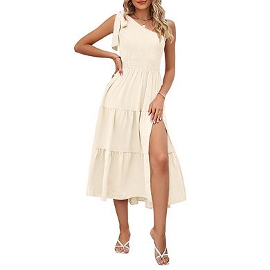 Women's One Shoulder Sleeveless Smocked Tiered Side Slit Midi Dress