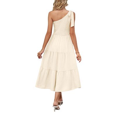 Women's One Shoulder Sleeveless Smocked Tiered Side Slit Midi Dress
