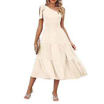 Women's One Shoulder Sleeveless Smocked Tiered Side Slit Midi Dress