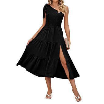 Women's One Shoulder Sleeveless Smocked Tiered Side Slit Midi Dress