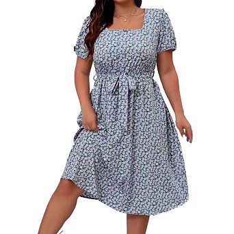 Plus Size Women's Square Neck Short Sleeve Floral Print Tie Waist Flowy Midi Dress
