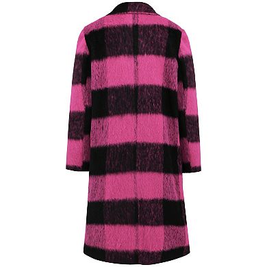Women's Double-Faced Wool Trench Coat Long Plaid Check Coat with Notch Lapel
