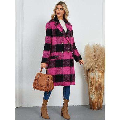 Women's Double-Faced Wool Trench Coat Long Plaid Check Coat with Notch Lapel