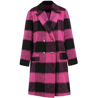 Women's Double-Faced Wool Trench Coat Long Plaid Check Coat with Notch Lapel