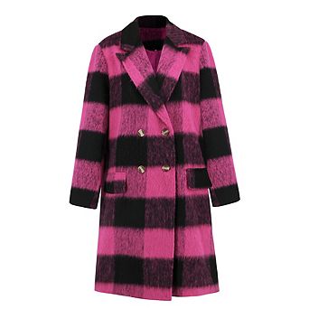 Women's Double-Faced Wool Trench Coat Long Plaid Check Coat with Notch Lapel