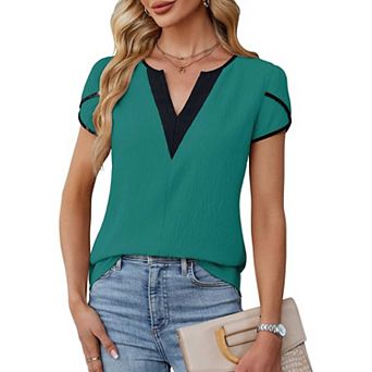 Women's Color Block V-Neck Short Sleeve Blouse, Petal Sleeve Wrinkle Textured Shirt