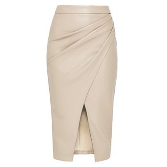 Women's Faux Leather Midi Skirt Ruched Wrap Side Slit Skirt