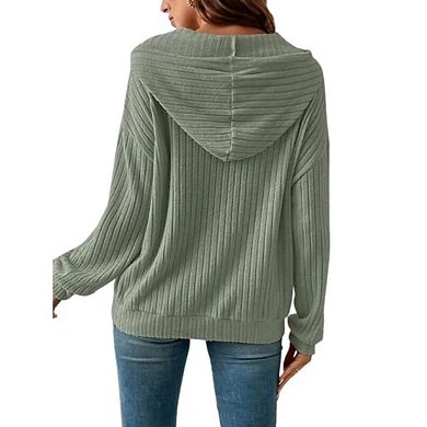 Women Oversized Hoodies Casual Textured Knit Long Sleeve Drawstring Pullover Sweatshirts with Pocket