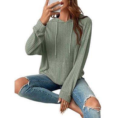 Women Oversized Hoodies Casual Textured Knit Long Sleeve Drawstring Pullover Sweatshirts with Pocket