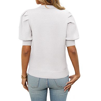 Women's Crew Neck Puff Short Sleeve Ribbed Knit Casual Top