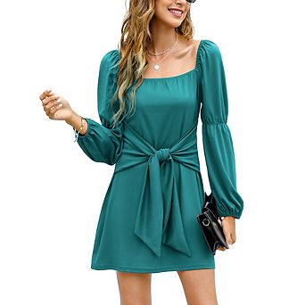 Women's Square Neck Long Sleeve Mini Dress Tie Waist Puff Sleeve A-Line Dress