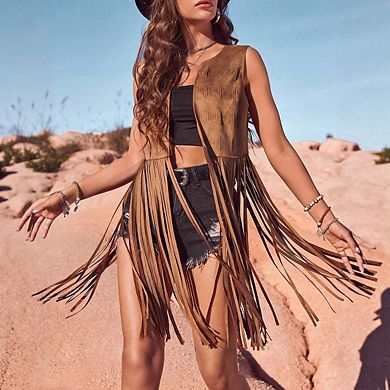 Women Bohemian Fringe Suede Vest Sleeveless Open Front Waistcoat