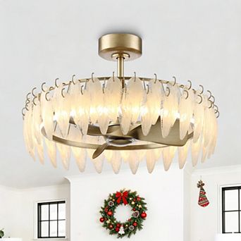 32" Antique Silver Feather Glass Ceiling Fan with LED Light and Remote