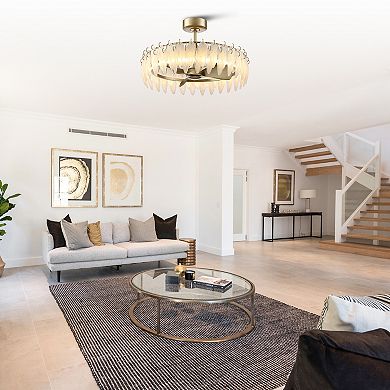 32" Antique Silver Feather Glass Ceiling Fan with LED Light and Remote