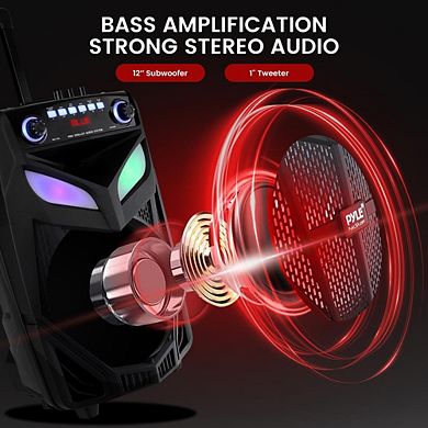 Pyle Portable Bluetooth PA Speaker System- 12” Bluetooth Speaker, FM Radio, Wireless microphone