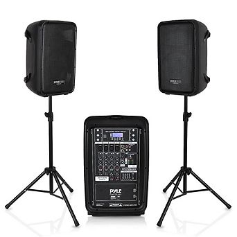 Pyle PA Speaker DJ Mixer Bundle - 300 W Portable Wireless Bluetooth Sound System Mixer, Microphone