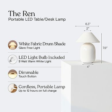 Ren 8" Portable and Dimmable LED Table Lamp, Cordless up to 12-Hours of Charge