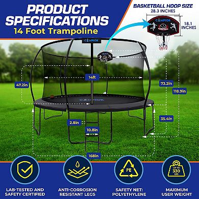 14ft Pumpkin Trampoline with Basketball Hoop, Inner Enclosure & Durable Design for Family Fun